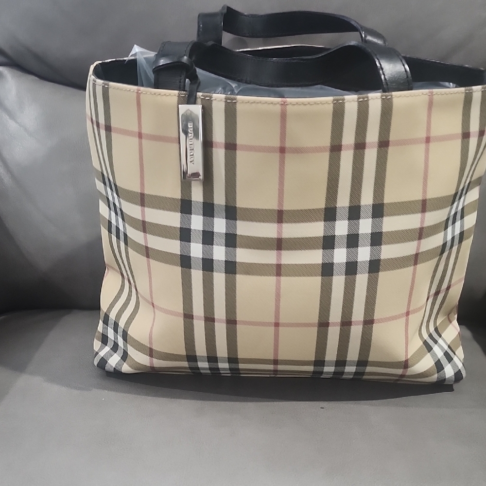 Burberry Beige and Black Canvas Coated Checkered Tote